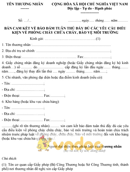 Mẫu bản cam kết bảo đảm tuân thủ đầy đủ các yêu cầu PCCC bảo vệ môi trường