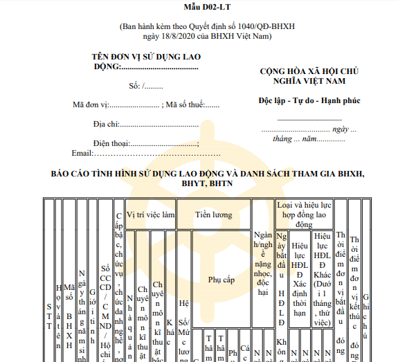 Mẫu D02 LT Báo cáo tình hình sử dụng lao động và danh sách tham gia