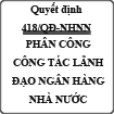 Quyết định về phân công công tác ban lãnh đạo Ngân hàng nhà nước số 418/QĐ-NHNN