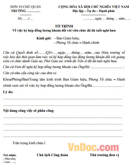 Mẫu Tờ trình ký hợp đồng lương khoán đối với viên chức đã đủ tuổi nghỉ hưu Mẫu Tờ trình ký hợp đồng lương khoán đối với viên chức đã đủ tuổi nghỉ hưu
