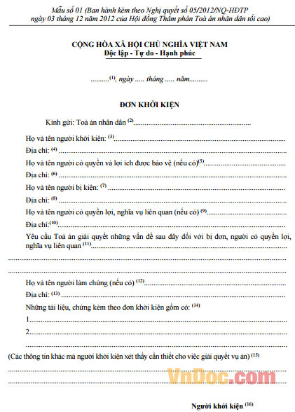 Mẫu đơn khởi kiện có hướng dẫn