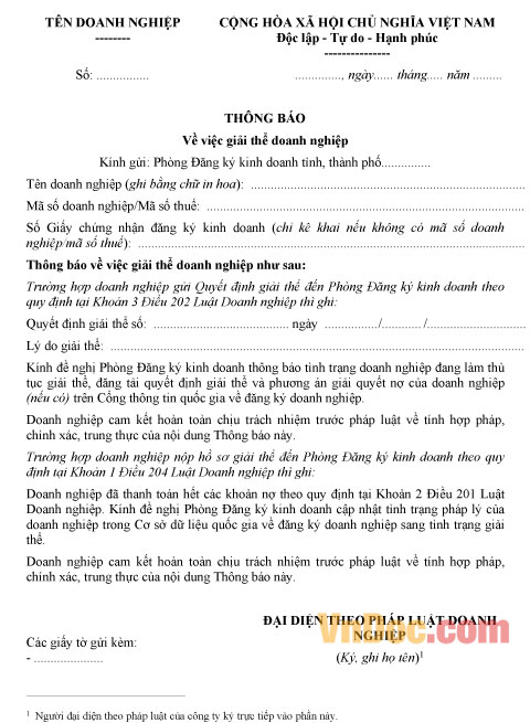 Thông báo về việc giải thể doanh nghiệp Thông báo về việc giải thể doanh nghiệp