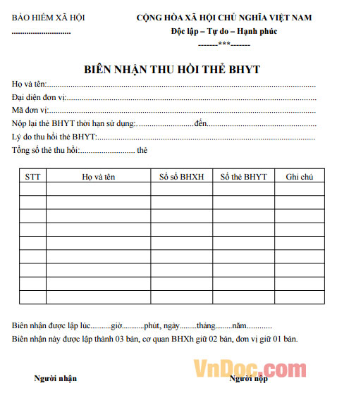 Biên nhận thẻ BHYT