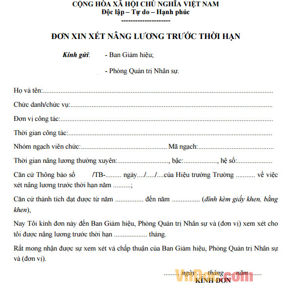 Đơn xin nâng lương trước thời hạn Đơn xin nâng lương trước thời hạn