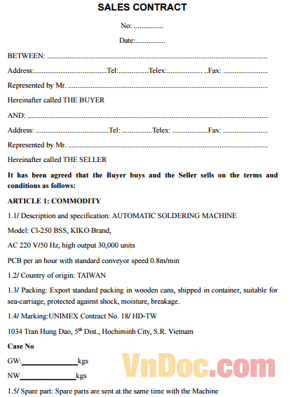 Mẫu hợp đồng ngoại thương bằng Tiếng Anh