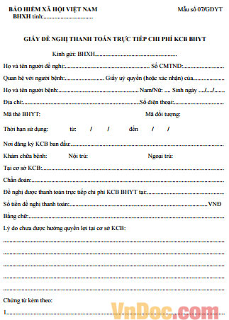 Mẫu Giấy đề nghị thanh toán trực tiếp chi phí KCB BHYT
