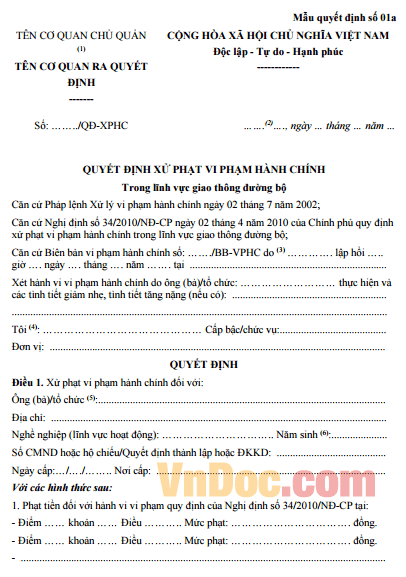 Quyết định xử phạt vi phạm hành chính trong lĩnh vực giao thông đường bộ