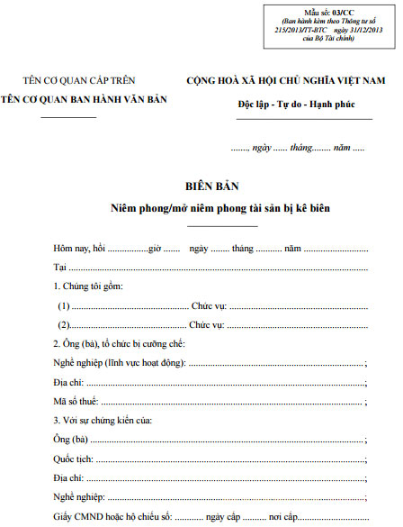 Biên bản niêm phong/ mở niêm phong tài sản bị kê biên