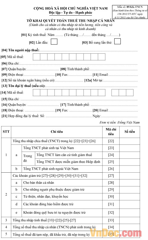 Mẫu tờ khai quyết toán thuế thu nhập cá nhân - Mẫu số 09/KK-TNCN