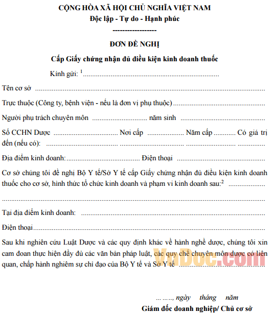 Cấp Giấy chứng nhận đủ điều kiện kinh doanh thuốc Đơn đề nghị cấp Giấy chứng nhận đủ điều kiện kinh doanh thuốc