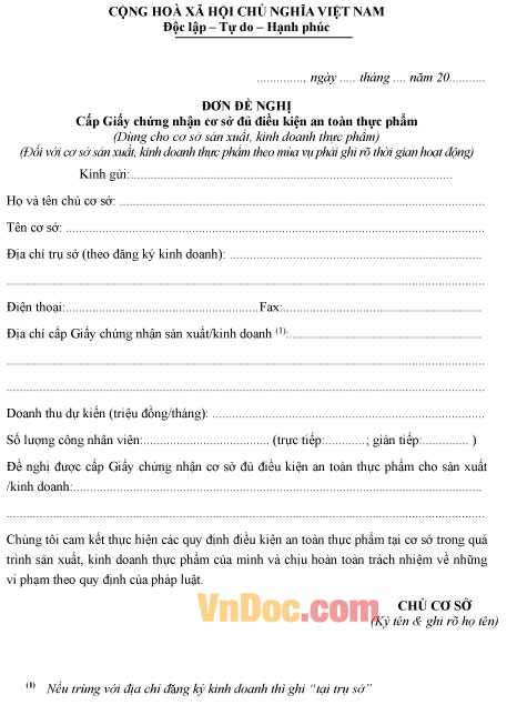 Đơn đề nghị cấp Giấy chứng nhận đủ điều kiện vệ sinh an toàn thực phẩm