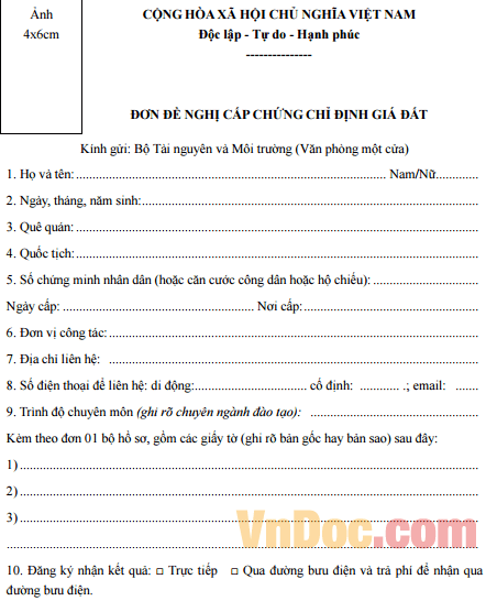 Đơn đề nghị cấp Chứng chỉ định giá đất Hồ sơ đề nghị cấp Chứng chỉ định giá đất