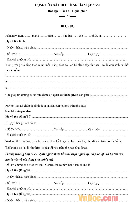 Mẫu di chúc có người làm chứng