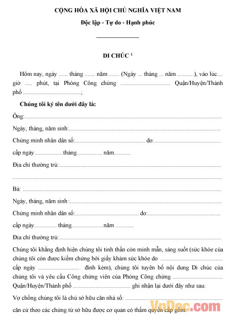  Di chúc - Mẫu giấy di chúc có người làm chứng