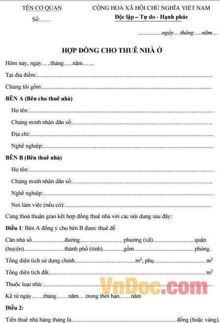 Hợp đồng cho thuê nhà ở mới nhất Hợp đồng cho thuê nhà ở