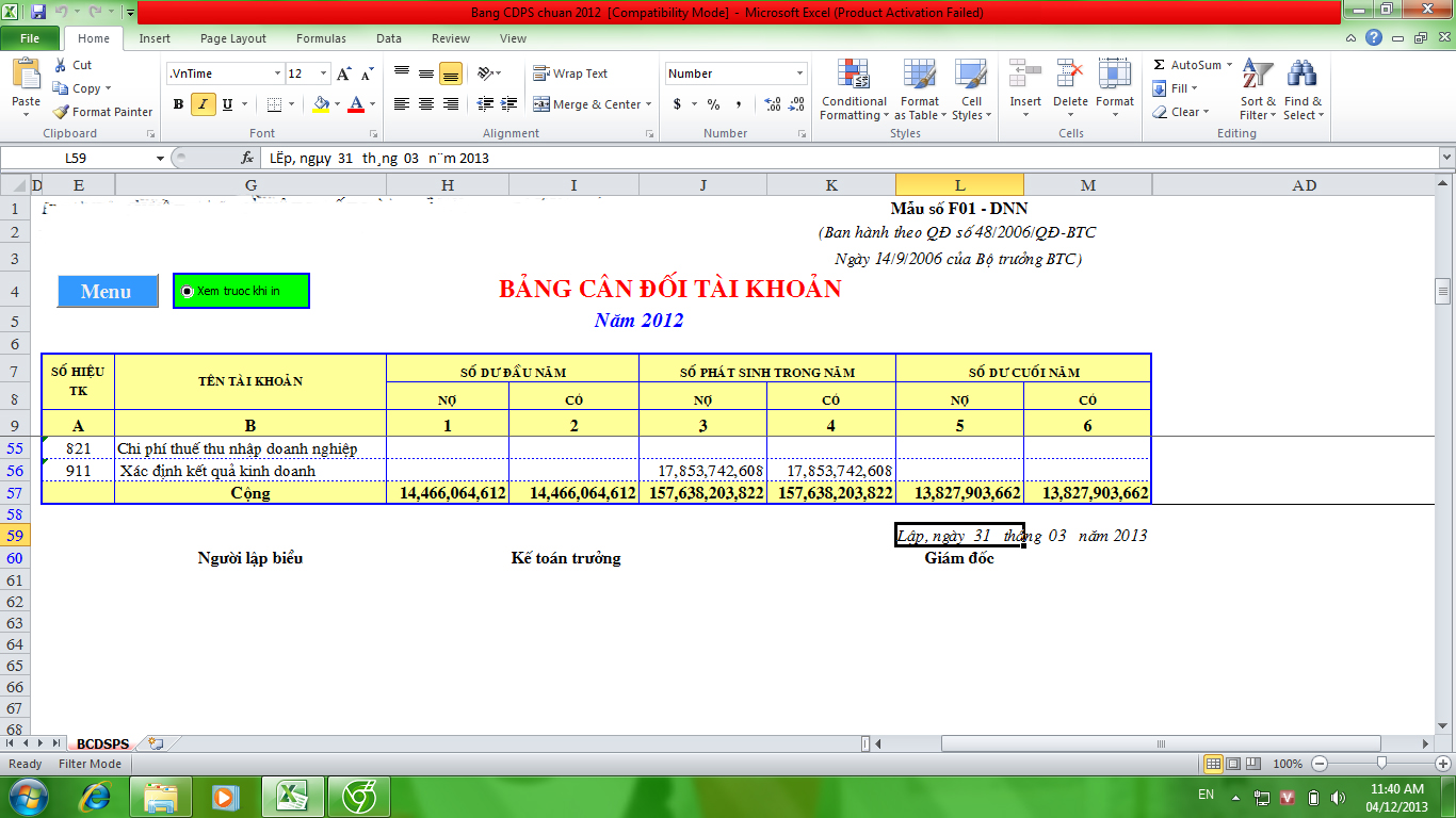 Cách lập Bảng cân đối tài khoản bằng Excel theo QĐ 48