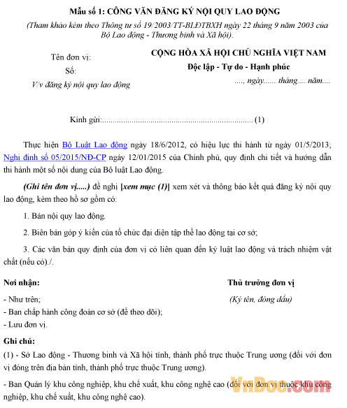 Văn bản đề nghị đăng ký nội quy lao động
