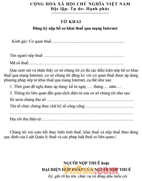 Tờ khai Đăng ký nộp Hồ sơ kê khai thuế qua mạng Internet