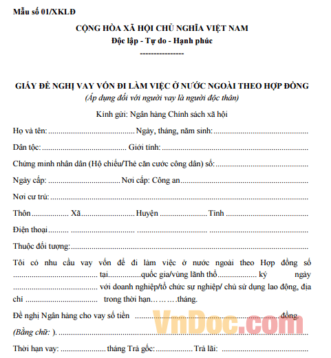 GIẤY ĐỀ NGHỊ VAY VỐN ĐI LÀM VIỆC Ở NƯỚC NGOÀI THEO HỢP ĐỒNG
