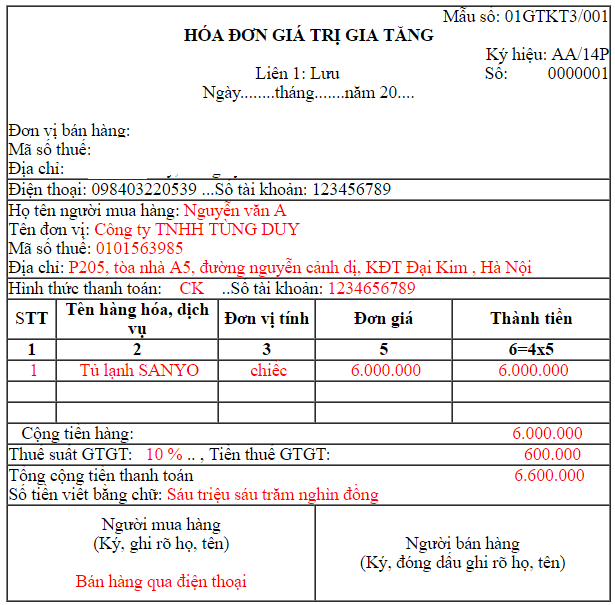 Cách viết hóa đơn bán hàng qua điện thoại, qua mạng, fax