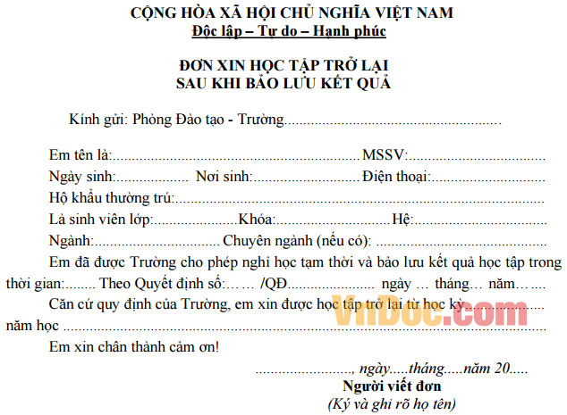 Đơn xin học tập trở lại sau khi bảo lưu Đơn xin học tập trở lại sau khi bảo lưu