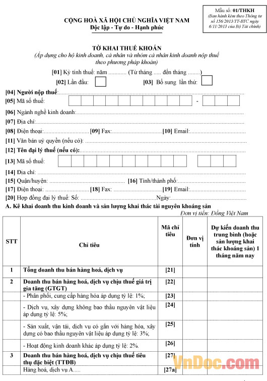 Mẫu số 01/THKH: Tờ khai thuế khoán dành cho hộ kinh doanh, cá nhân kinh doanh