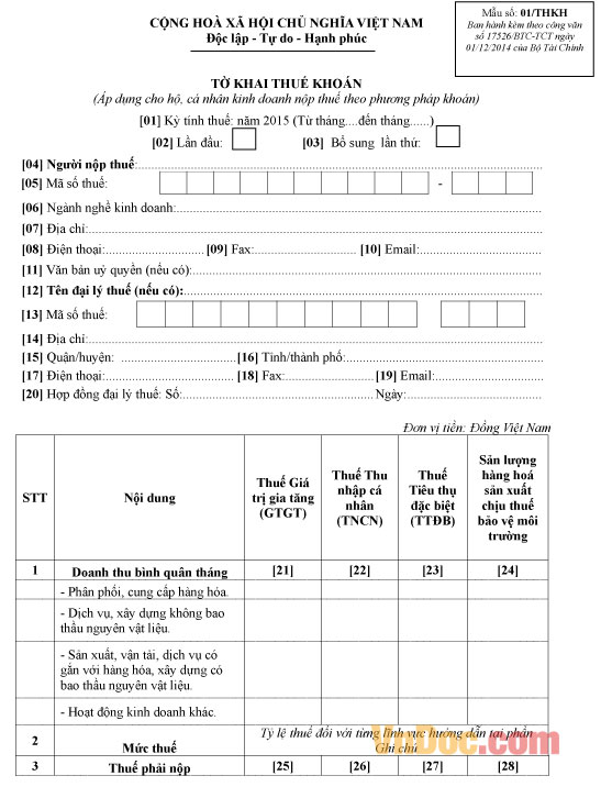 Mẫu số 01/THKH: Tờ khai thuế khoán dành cho hộ kinh doanh, cá nhân kinh doanh