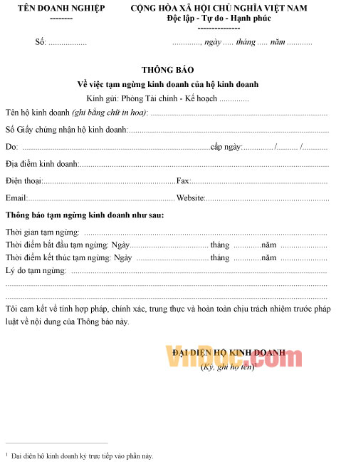 Thông báo về việc tạm ngừng kinh doanh của hộ kinh doanh
