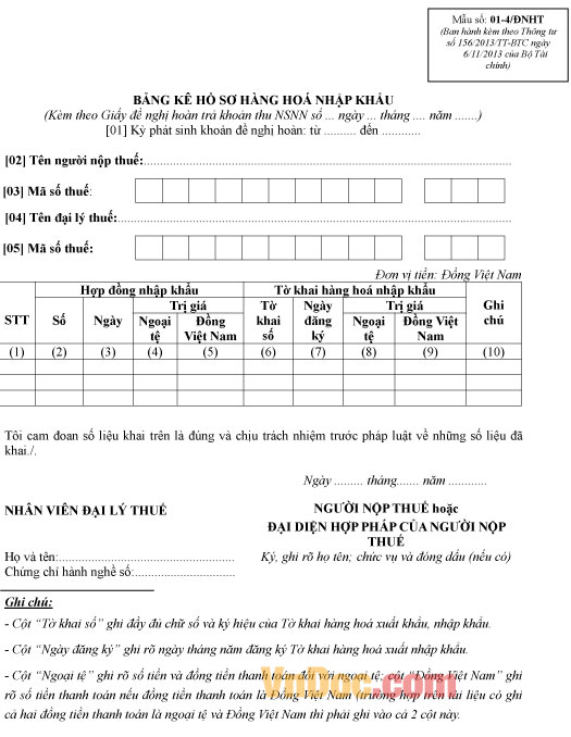 Mẫu số 01-4/ĐNHT: Bảng kê hồ sơ xuất khẩu hàng hóa đầu tư ra nước ngoài