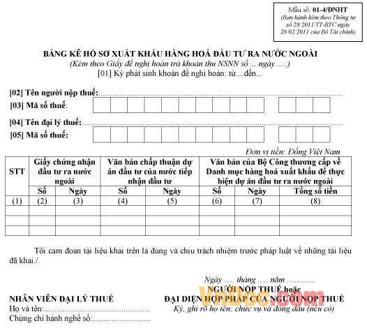 Mẫu số 01-4/ĐNHT - Bảng kê hồ sơ xuất khẩu hàng hóa đầu tư ra nước ngoài Mẫu số 01-4/ĐNHT - Bảng kê hồ sơ xuất khẩu hàng hóa đầu tư ra nước ngoài