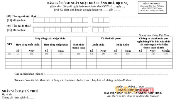 Mẫu số 01-3/ĐNHT - Bảng kê hồ sơ xuất nhập khẩu hàng hóa, dịch vụ Mẫu số 01-3/ĐNHT - Bảng kê hồ sơ xuất nhập khẩu hàng hóa, dịch vụ