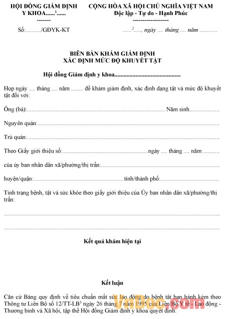 Mẫu biên bản khám giám định xác định mức độ khuyết tật