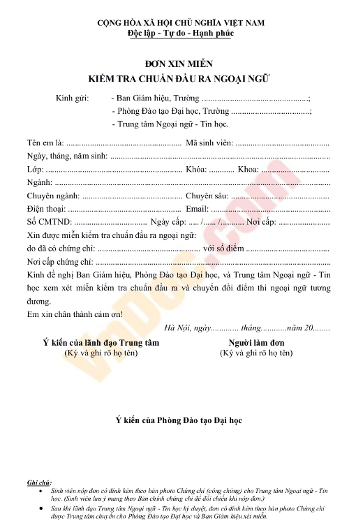 Mẫu đơn xin miễn kiểm tra chuẩn đầu ra Ngoại ngữ