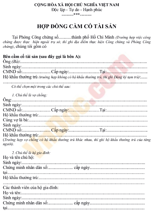 Mẫu hợp đồng cầm cố tài sản