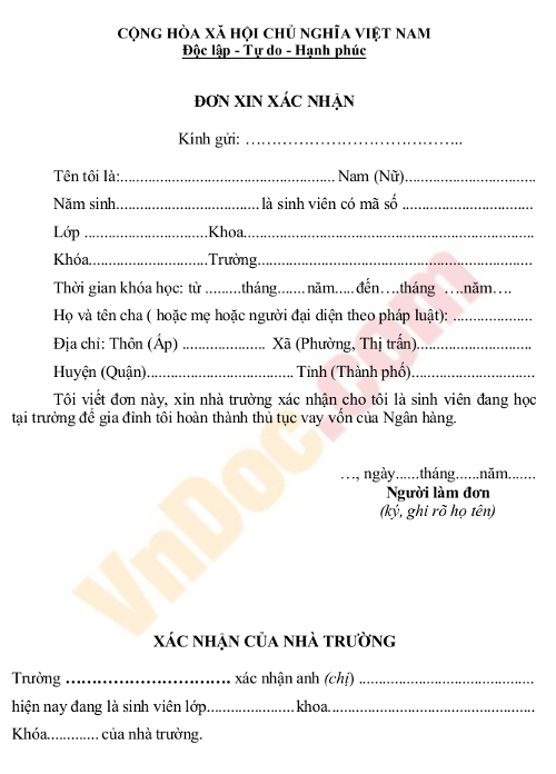 Đơn xin xác nhận để vay vốn ngân hàng