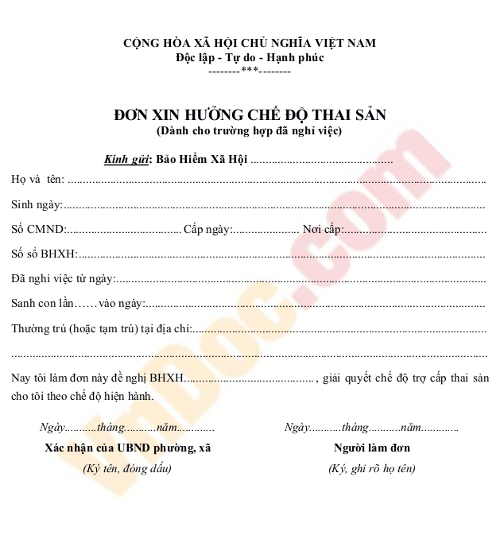 Đơn xin hưởng chế độ thai sản dành cho trường hợp đã nghỉ việc