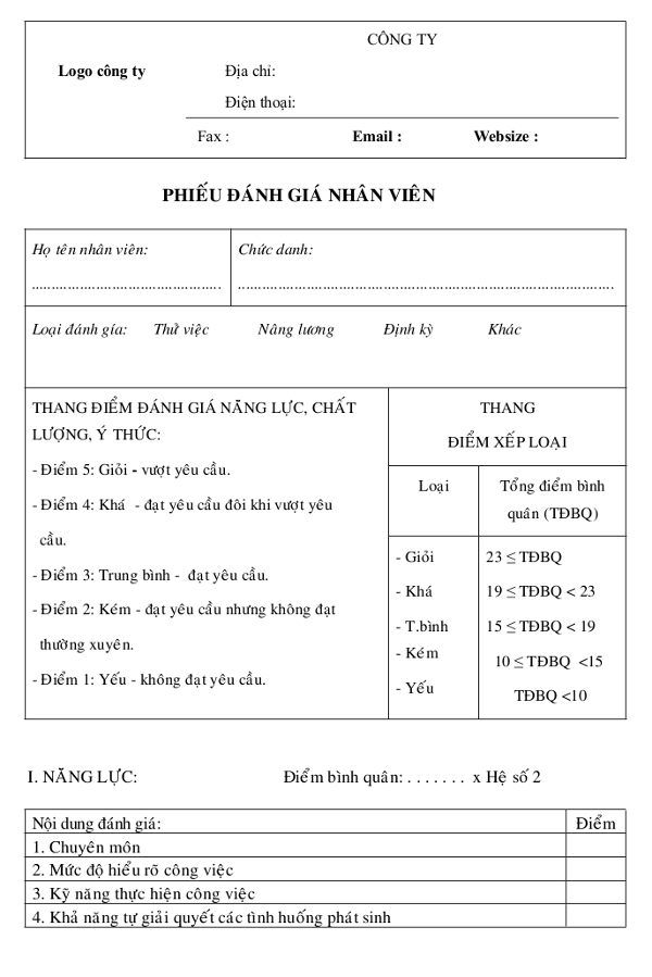 Bảng đánh giá nhân viên cuối năm Phiếu dánh giá nhân viên mới nhất