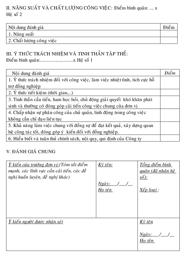 Mẫu bảng tiêu chí đánh giá nhân viên Phiếu đánh giá nhân viên