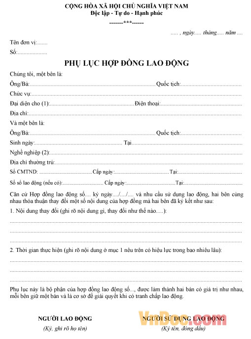 Mẫu phụ lục hợp đồng