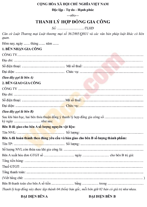 Biên bản thanh lý hợp đồng gia công