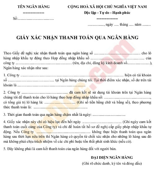 Mẫu giấy xác nhận thanh toán qua ngân hàng