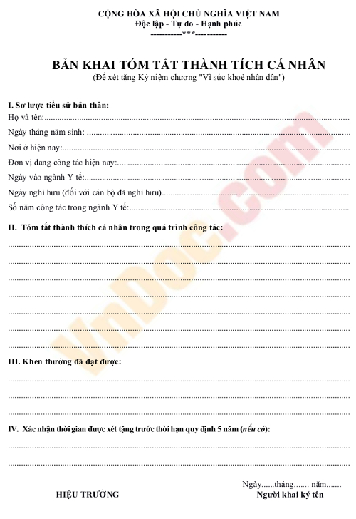 Bản khai tóm tắt thành tích cá nhân đề nghị tặng thưởng