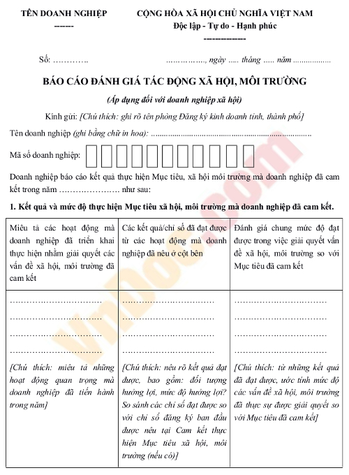 Biểu mẫu báo cáo đánh giá tác động xã hội, môi trường của doanh nghiệp xã hội 