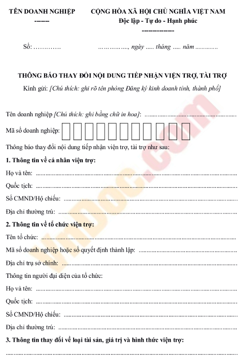 Biểu mẫu thông báo thay đổi nội dung tiếp nhận viện trợ, tài trợ