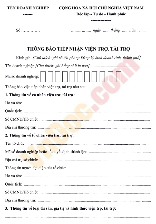Biểu mẫu thông báo tiếp nhận viện trợ, tài trợ