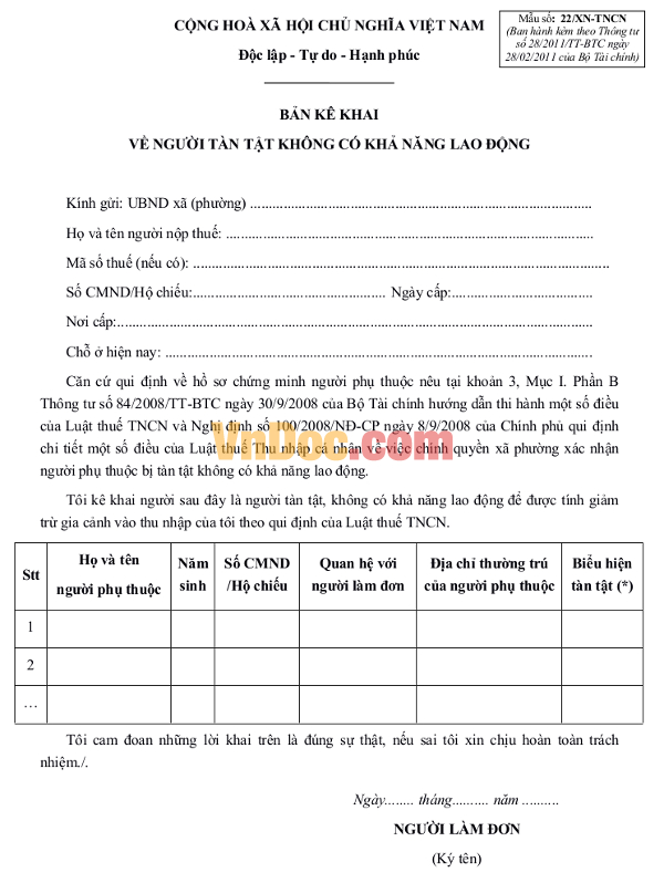 Bản kê khai về người tàn tật