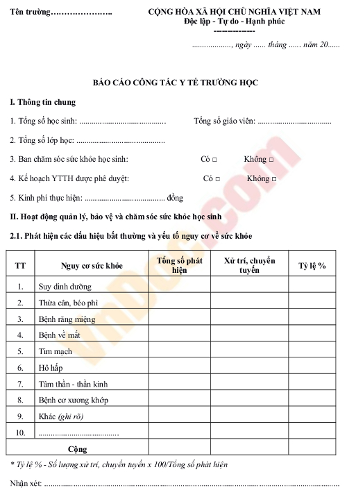Mẫu báo cáo công tác y tế trường học Mẫu báo cáo công tác y tế trường học