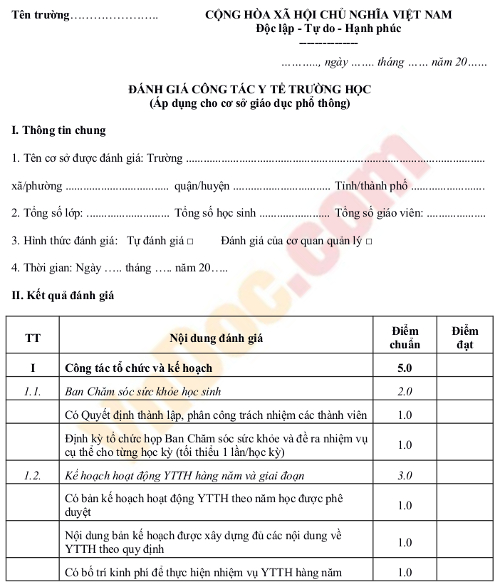 Mẫu đánh giá công tác y tế trường học (Cơ sở giáo dục phổ thông)