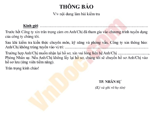 Thông báo không trúng tuyển dụng