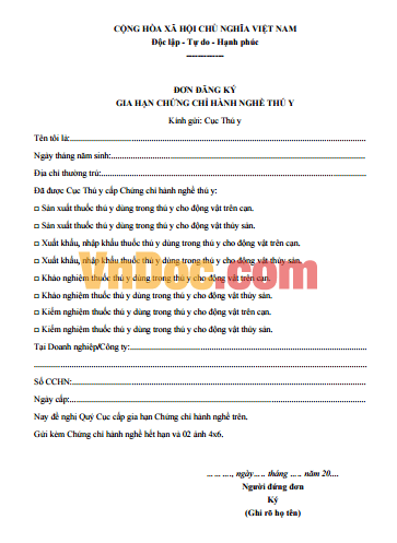 Đơn đăng ký gia hạn chứng chỉ hành nghề thú y